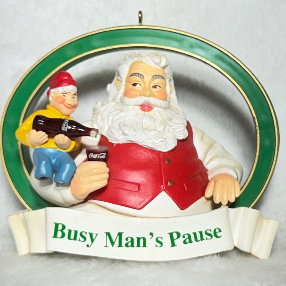 Coca-Cola Busy Man's Pause Santa Elf Ornament Holiday Decor Red Green
